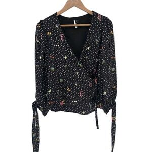Topshop Women's Floral Wrap Top Size US 8 Puff Sleeve Date Night